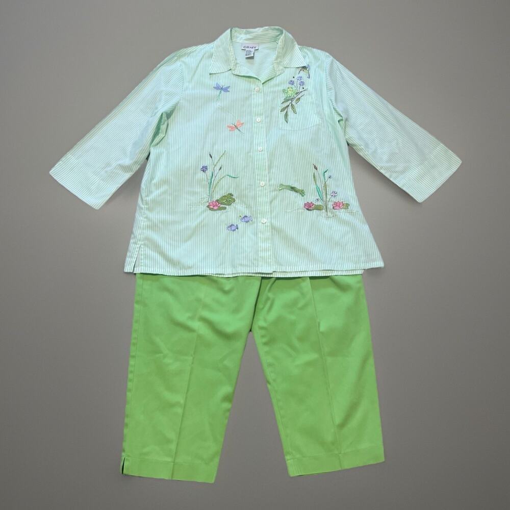90s Graff 2pc Womens L Embroidered Spring Hummingbird Frog Shirt Capri Pants